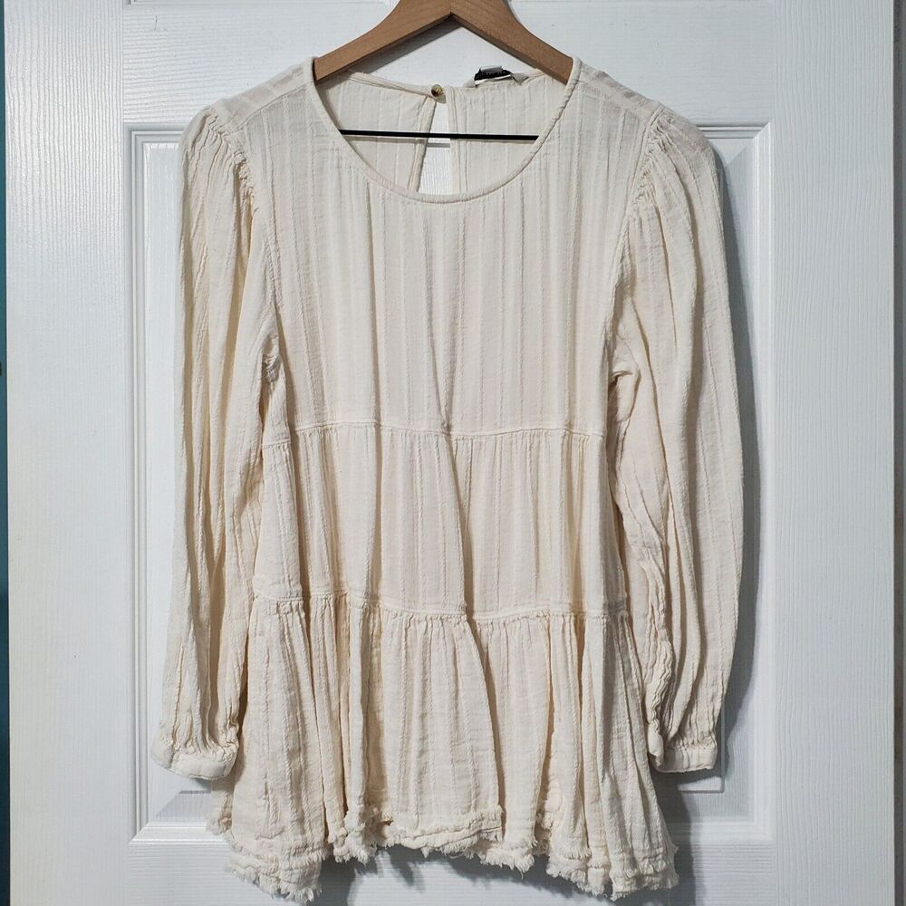 American Eagle Women's Blouse Small Boho Peasant Top Off White Open Back Raw Hem
